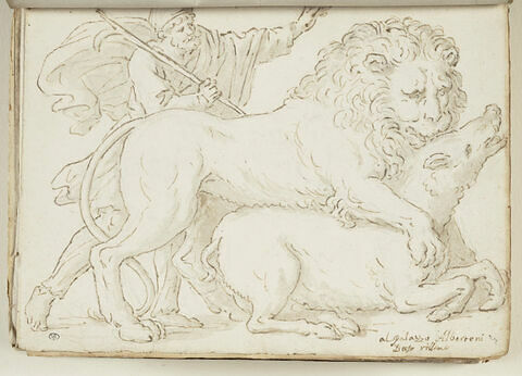 Un lion attaquant un sanglier, un homme avec un bâton sur l'épaule droite..., image 1/2