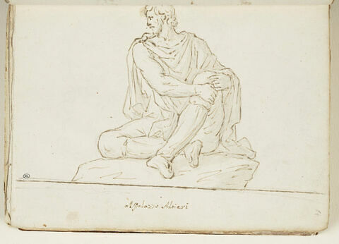 Homme assis, vue de face, jambe repliée, ses mains enserrant son genou..., image 1/2