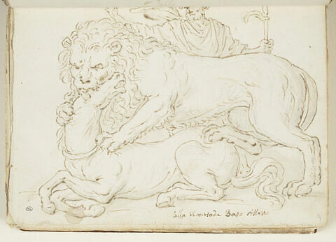 Un lion attaquant un cheval, derrière, au deuxième plan, un homme barbu...