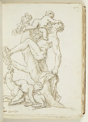 Homme taquiné par deux amours, avec une lionne mangeant du raisin..., image 1/2