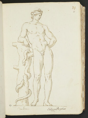Jeune homme nu, vue de face, la tête de profil vers la droite, accoudé..., image 1/2
