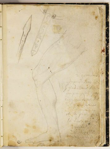 Etudes d'armes, et d'une jambe d'homme, et annotations manuscrites
