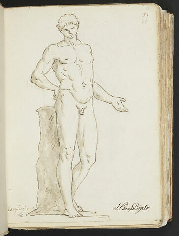 Jeune homme nu, debout, appuyé contre un tronc d'arbre..., image 1/2