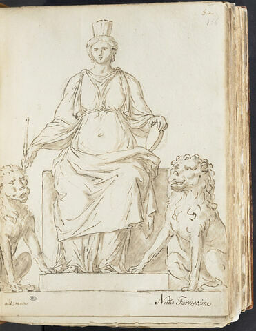 Cybèle assise, vue de face, entourée de deux lions