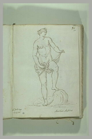 Femme nue retenant une draperie autour de ses reins, debout sur une coquille