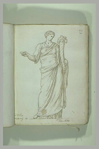 Femme debout, drapée, la tête couronnée de fleurs tenant à gauche une..., image 1/1