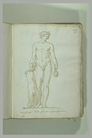 Jeune homme nu, debout, vu de face tenant dans les mains une coupe et une..., image 1/1