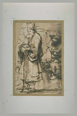 Vieillard barbu, appuyé sur un bâton et figure assise, image 1/1