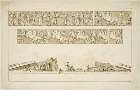 Parthénon, partie de la frise des Panathénées (cavaliers et partie de la procession) et fronton est, Athènes, image 1/2