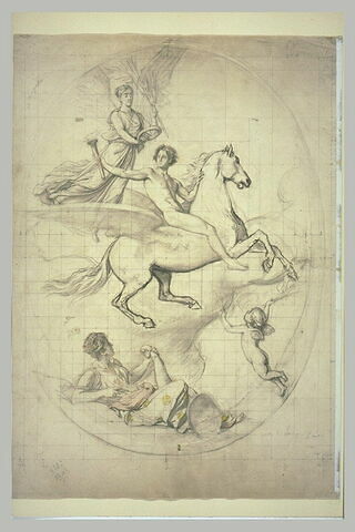 Un jeune homme nu, sur un cheval ailé couronné par une femme ailée, image 1/1