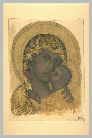 Vierge d'icône byzantine, nimbée d'or, serrant l'Enfant contre elle, image 1/1