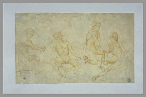 Quatre hommes nus, assis ou un genou en terre, rompant des bâtons, image 1/1