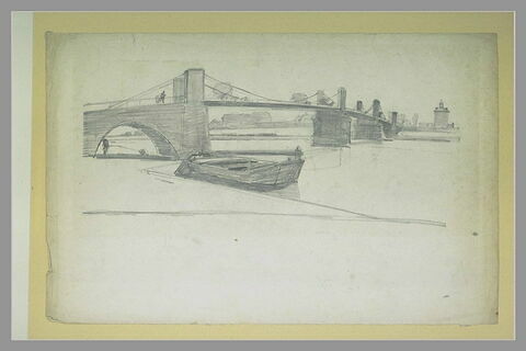 Pont suspendu et au premier plan, une barque amarrée, image 1/1