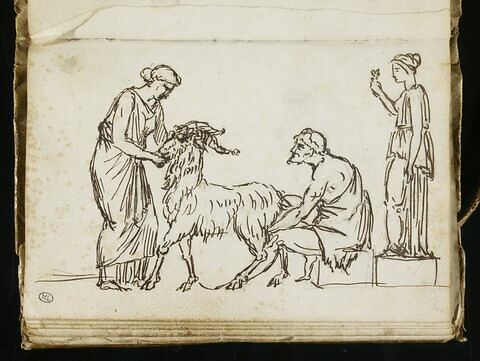Homme trayant une chèvre retenue par une femme devant une statue féminine posée sur un socle (Perséphone?), image 1/1