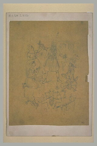 Représentation grotesque, avec personnages en costumes du XVIIIè siècle