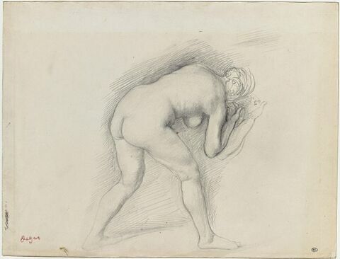 Femme nue, de dos, penchée en avant, vers la droite, image 1/2