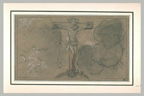 Le Christ sur la Croix, plantée sur la sphère terrestre parmi des nuages