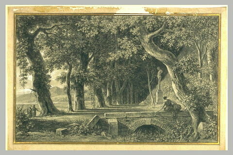 Paysage avec de grands arbres et une figure assise sur un pont