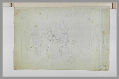 Personnages, en costume Louis XIII, autour d'une table ; buste