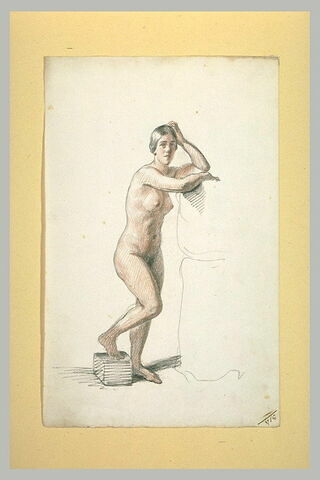 Femme nue, debout, accoudée sur un haut degré