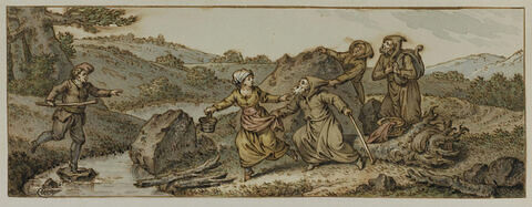 Trois moines importunant une femme au bord d'une rivière, image 1/2