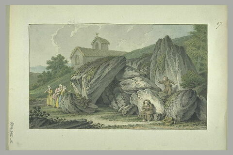 Trois femmes et deux moines près des rochers, image 1/1