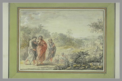 Trois personnages vêtus, à l'antique, conversant, dans un paysage, image 1/1