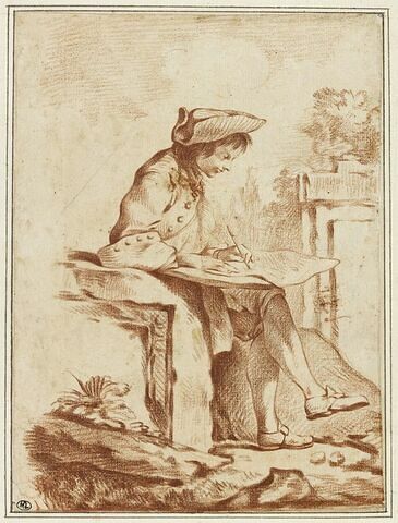 Jeune homme assis, accoudé à un fragment antique et dessinant, image 1/2