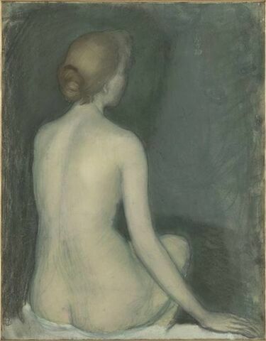 Femme nue, vue de dos, tournée vers la droite, image 1/1