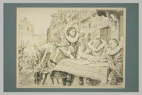 Dans une rue trois hommes de guerre en costume Louis XIII, image 2/2