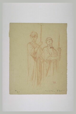Deux hommes debout, tenant des hampes, image 1/1