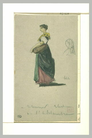 Femme debout, portant un objet, et croquis de tête, image 1/1