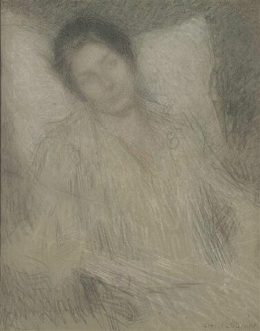 Relevailles : jeune femme, le buste et la tête appuyés sur un grand oreiller, image 1/1