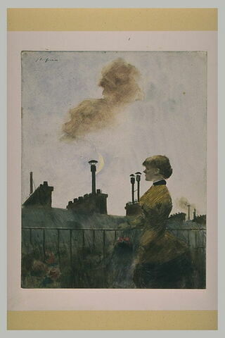 Jeune femme debout sur un balcon, contemplant des toits parisiens, image 2/4