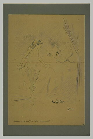 Jeune femme assise au pied d'un lit, regardant un vieil homme couché, image 1/1
