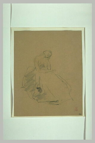 Croquis d'une jeune femme assise, la tête appuyée sur sa main gauche, image 1/1