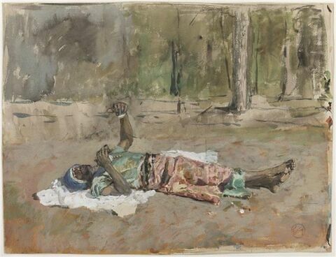 Arabe couché sur le sol, vêtu de vert et de rose