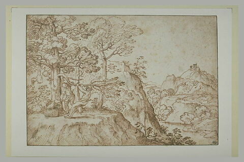 Deux paysans détachant d'un arbre le corps d'un pendu, dans un paysage, image 1/1