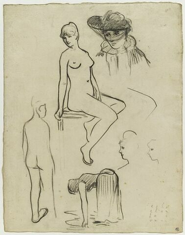 Etudes de nus féminins, d'une femme courbée, d'un buste de femme chapeautée, image 1/2