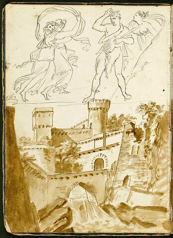 Quatre personnages à l'antique ; paysage avec un château et une cascade, image 1/2