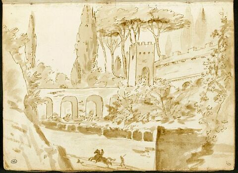 Paysage avec des enceintes romaines traversées par un aqueduc et un cavalier suivi par un personnage à pied, image 1/1