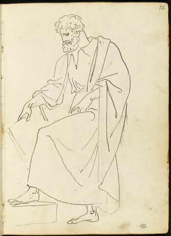 Figure d'homme barbu drapé à l'antique, de trois quarts vers la gauche, la jambe gauche en appui sur un socle, la main droite tenant une tablette