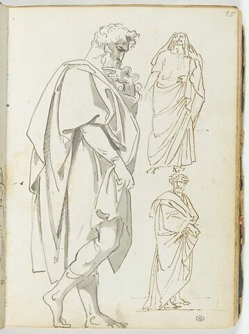 Trois figures d'hommes barbus drapés à l'antique, l'une de profil, l'autre de face, la troisième de trois quarts vers la droite