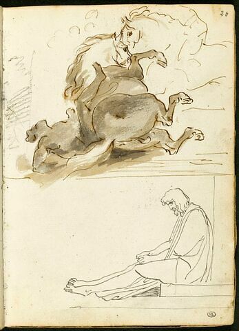Deux chevaux, dont un désarçonnant un cavalier ; homme drapé assis, de profil vers la gauche, image 1/1