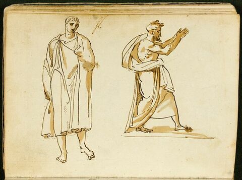 Feuille d'études avec deux figures à l'antique, l'une de face, l'autre de profil vers la droite, image 1/1
