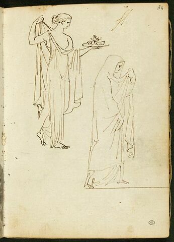 Feuille d'études avec deux figures féminines drapées à l'antique, de profil vers la gauche