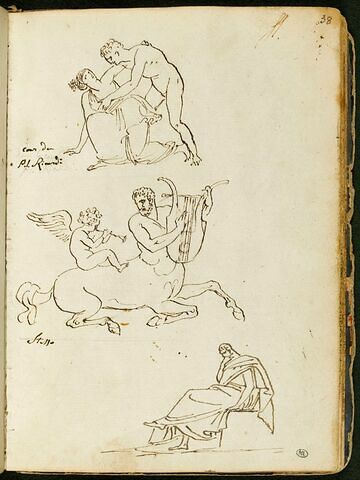 Homme nu soutenant une femme drapée à l'antique ; centaure avec un cupidon assis sur son dos jouant des instruments de musique ; homme drapé à l'antique assis, de profil vers la gauche, dans une attitude méditative