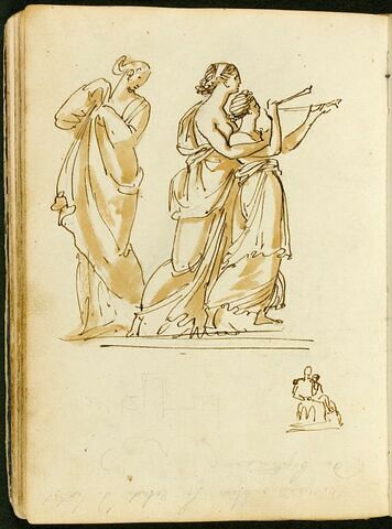 Trois femmes drapées à l'antique, deux enlacées, dont une jouant de la flûte double ; esquisse de deux figures et d'une architecture, image 1/1