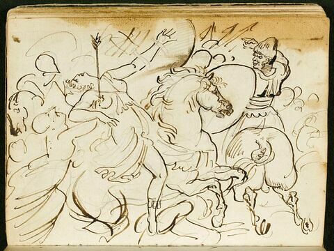 Scène de bataille avec un cavalier maure et une amazone blessée, image 1/1