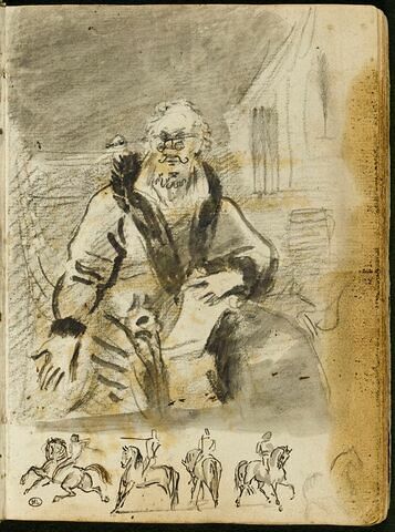 Homme assis, vu de face : étude pour le « Portrait de Stanislas Malackowsky » ; esquisse d'un cheval et de quatre cavaliers